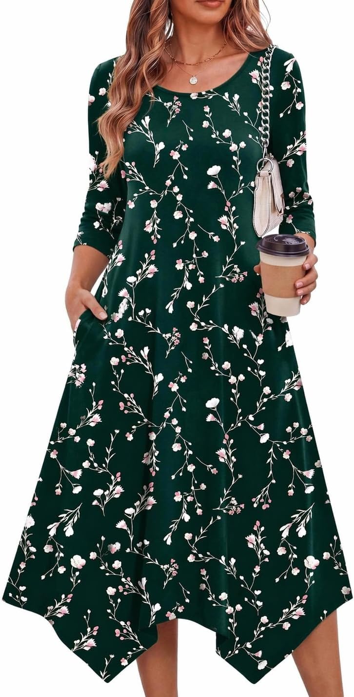 Zeagoo Midi Dresses Women 2026 Dress 3/4 Sleeve A Line Casual Dresses with Pockets