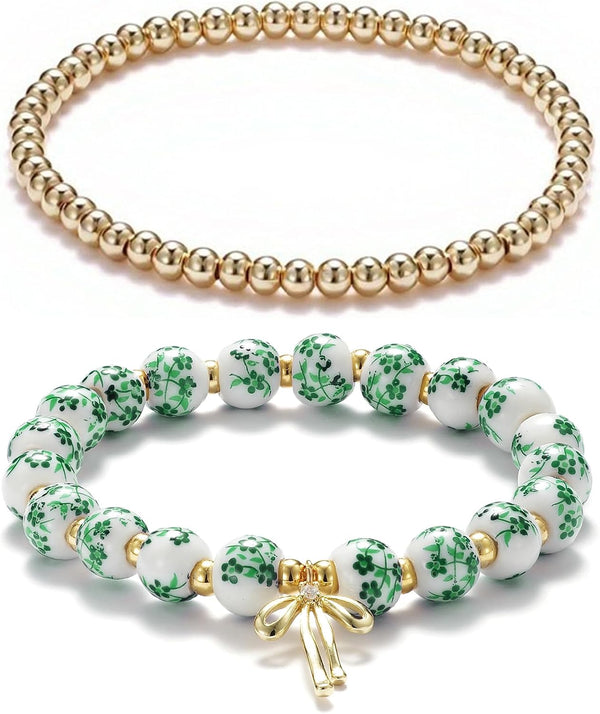 Beaded Bracelets for Women,Bow Charm Blue Flower Gold Plated Jewelry Women