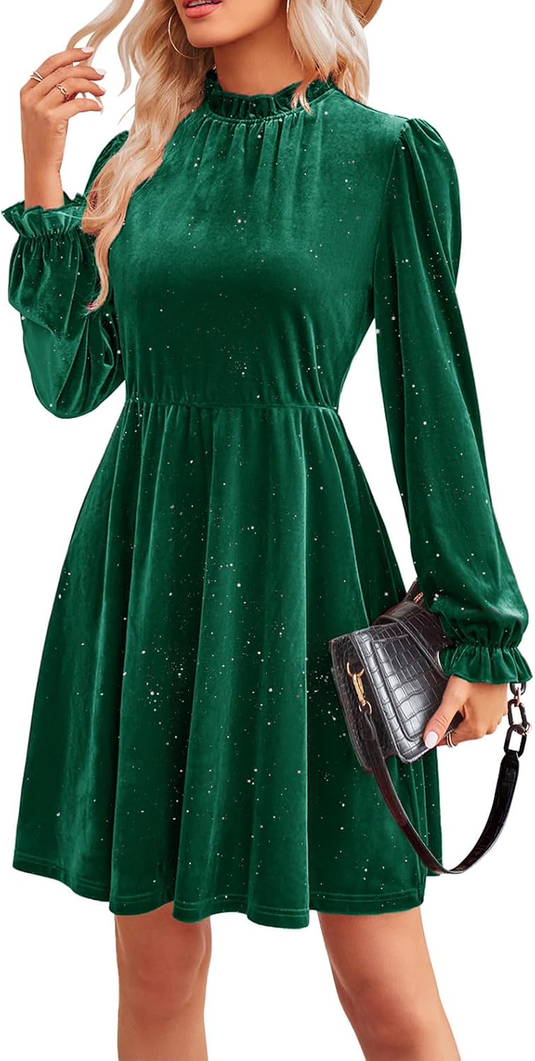 Jayscreate Women's Long Sleeve Winter Fall Wedding Guest Velvet Short Dress