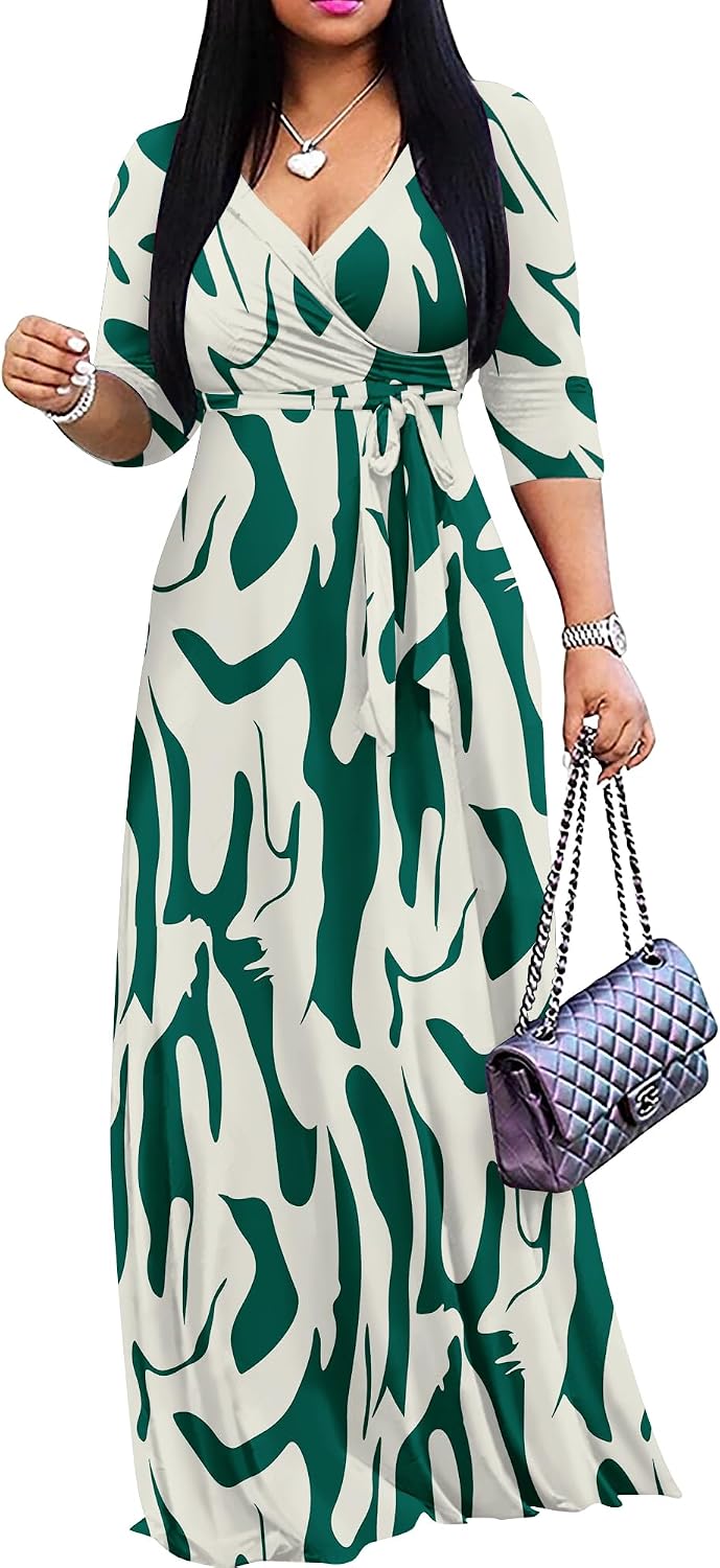 FANDEE Plus Size Maxi Dress for Women Casual Summer Sundress V-Neck 3/4 Sleeve