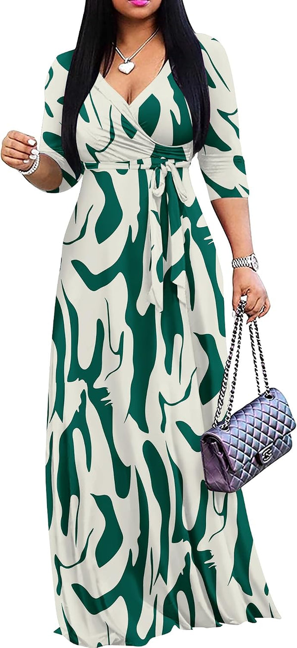 FANDEE Plus Size Maxi Dress for Women Casual Summer Sundress V-Neck 3/4 Sleeve