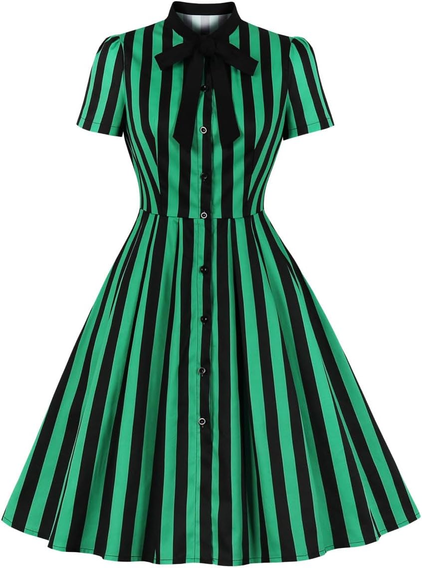 1950s Dresses for Women Vintage Rockabilly Retro Short Sleeve Tie Midi Dress Cocktail Party Evening Prom Gown