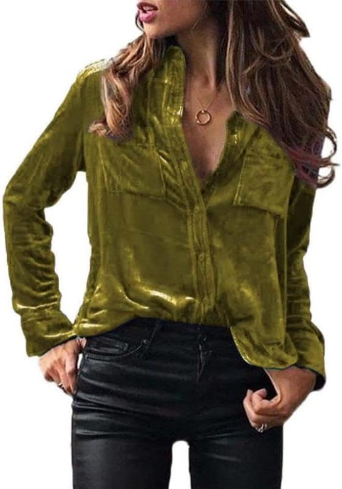 Chvity Velvet Tops for Women Vintage Long Sleeve Button Down Shirts Blouse for Pocket