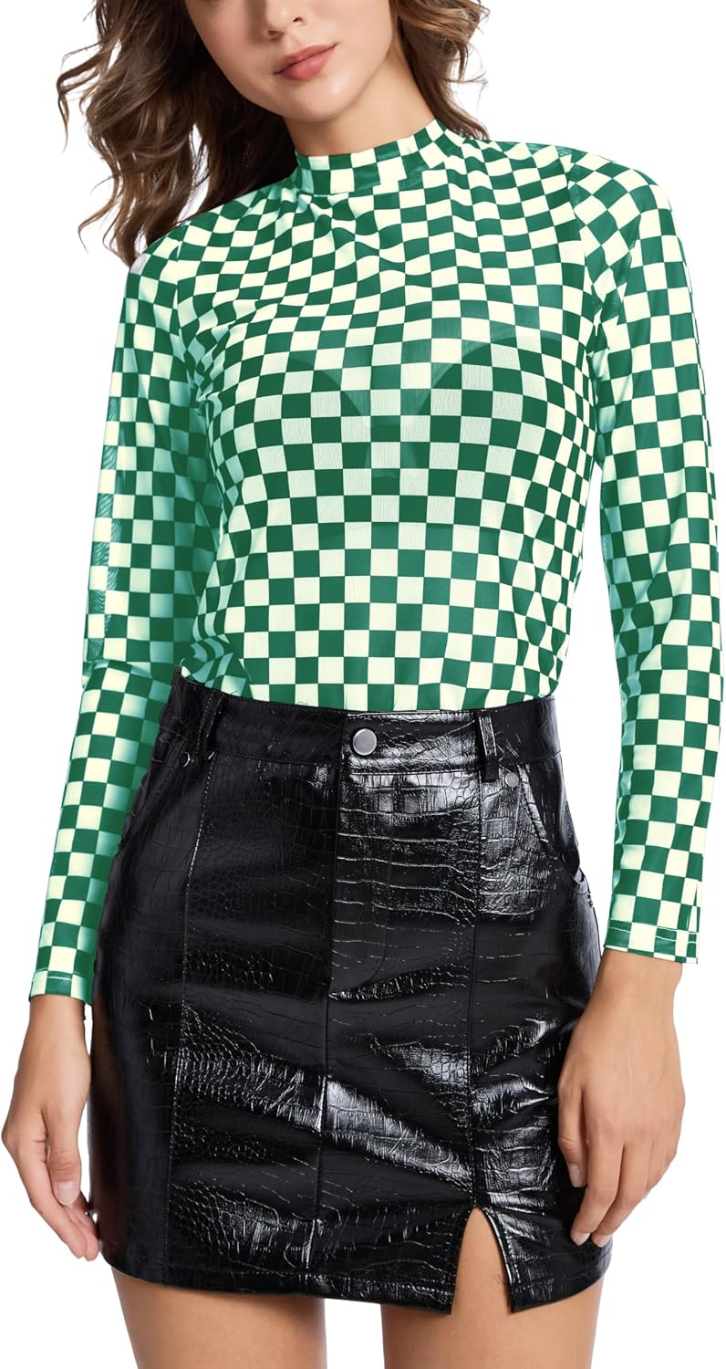 Womens Mesh Long Sleeve Tops Mock Neck Sexy Sheer See Through Tee Shirts Party Club Night Lace Blouse
