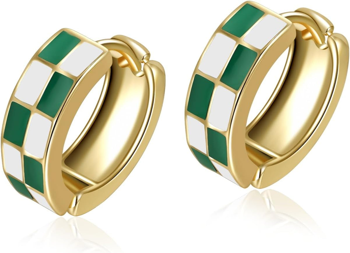 Checker Cartilage Hoops Teacher Earrings for Women White Black Enamel Gold