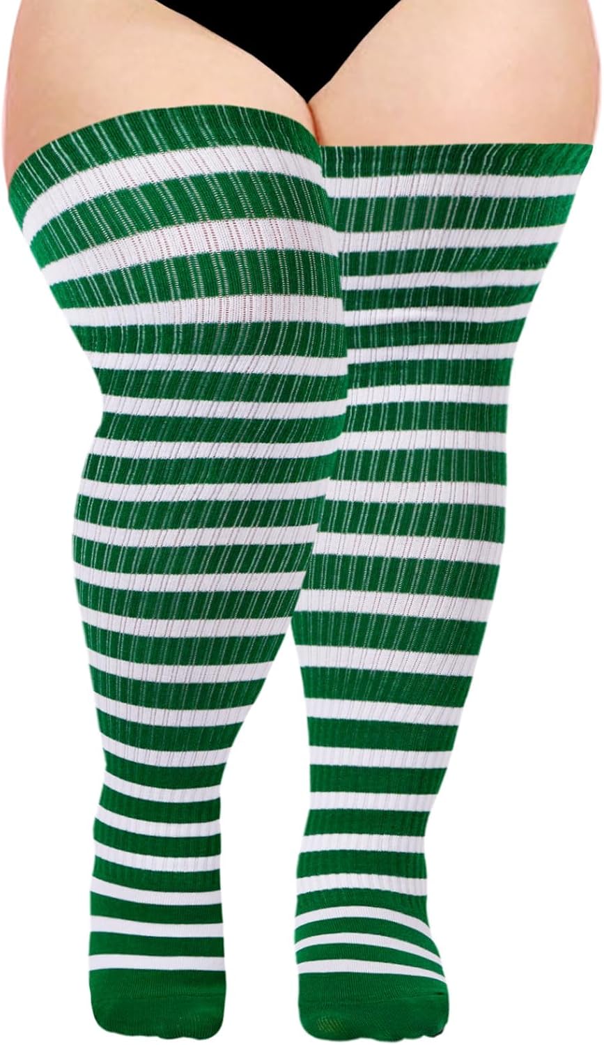 Moon Wood Plus Size Thigh High Socks for Women Knit Cotton Extra Long Striped Over the Knee High Socks Leg Warmers