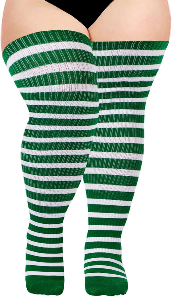 Moon Wood Plus Size Thigh High Socks for Women Knit Cotton Extra Long Striped Over the Knee High Socks Leg Warmers