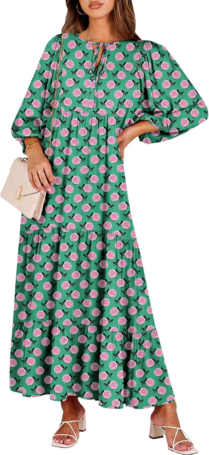 ANRABESS Womens Boho Floral 3/4 Puff Sleeve Maxi Dress