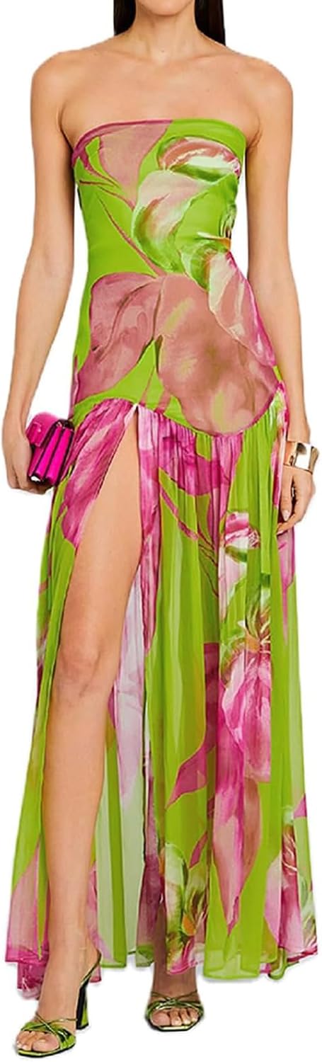 Women Tube Top Dress Tiger Stripe Mesh Patchwork Maxi Dress Strapless Sexy High Slit Long Dresses Beach Vacation