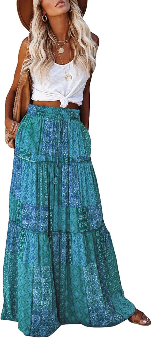 EARKOHA Womens Boho Maxi Skirt 2026 Summer Cruise Casual High Waist Tie Flowy Long Skirt with Pockets For Beach Vacation