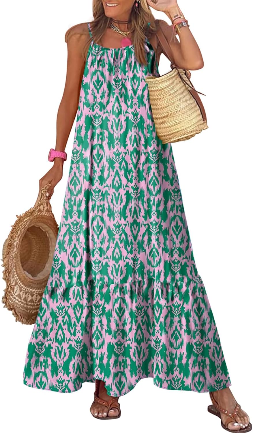 Dokotoo Women Summer Dresses Scoop Neck Ruffle Flowy Boho Maxi Dress