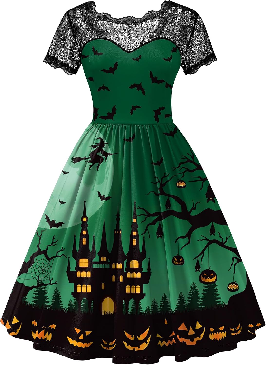 Women Halloween Party Costume Vintage Swing Lace Short Sleeve Witch Dress