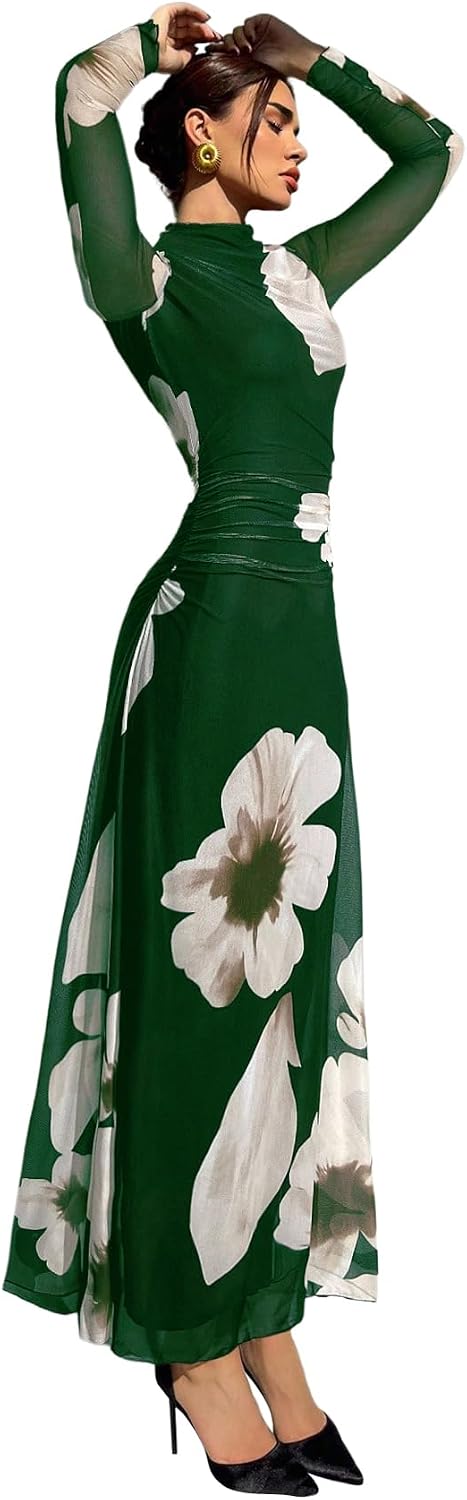 Verdusa Women's Floral Wedding Guest Dress Long Sleeve Mesh Maxi Dresses