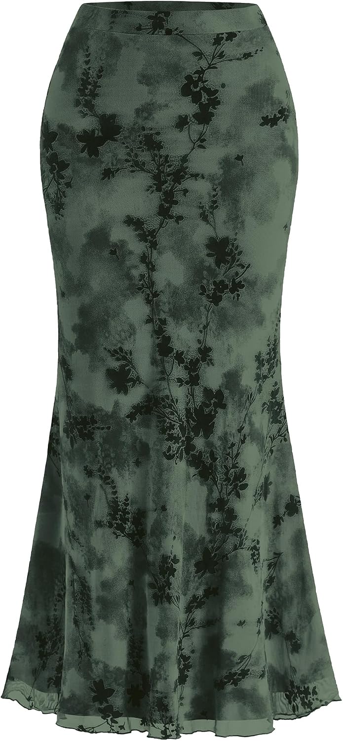 BTFBM Womens Floral Mesh Maxi Skirts