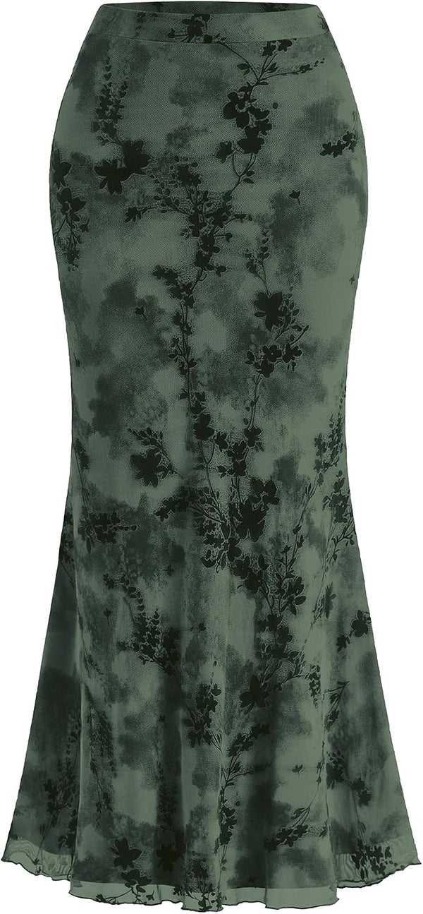 BTFBM Womens Floral Mesh Maxi Skirts