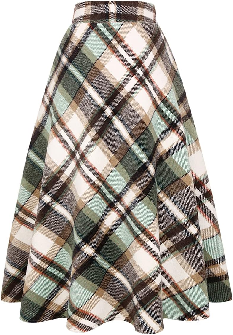 Womens Long Wool Plaid Skirt Aline High Waist Fall Winter Skirts