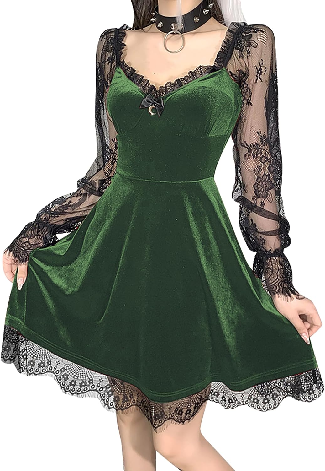 TSMNZMU Women Gothic Velvet Dress - Lace Long Sleeve Midi Lolita Dresses