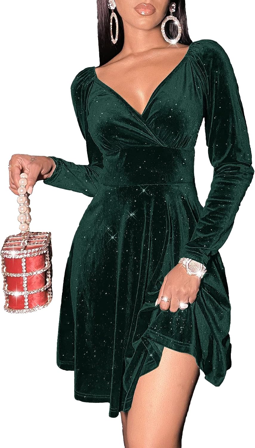 Womens Wrap V Neck Long Sleeve Velvet Glitter A Line Cocktail Party Swing Fit and Flare Skater Mini Dress