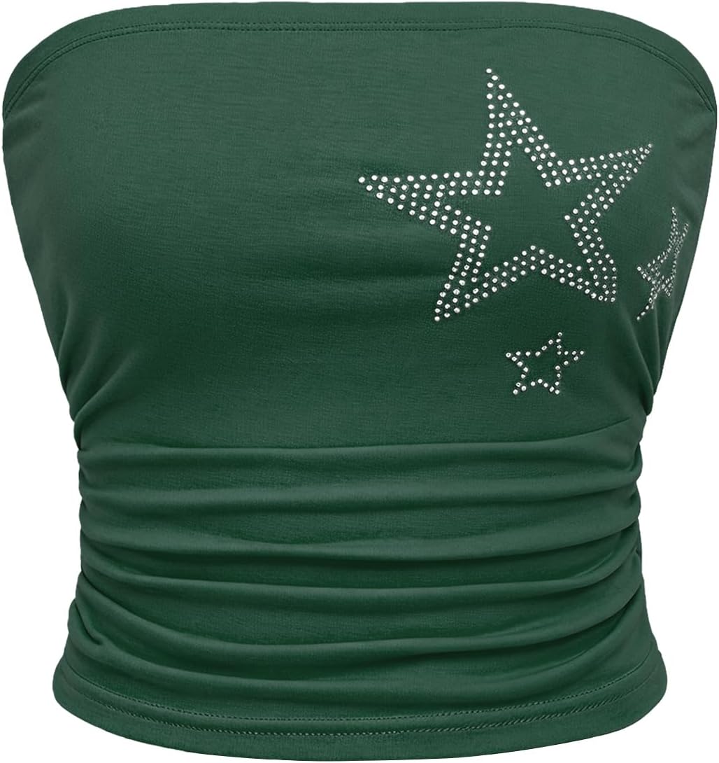 WDIRARA Women's Star Rhinestone Strapless Crop Tube Bandeau Top