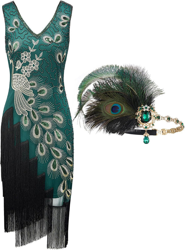 YESSA 1920s Peacock Dresses for Women,Flapper Gatsby Dress with Headband