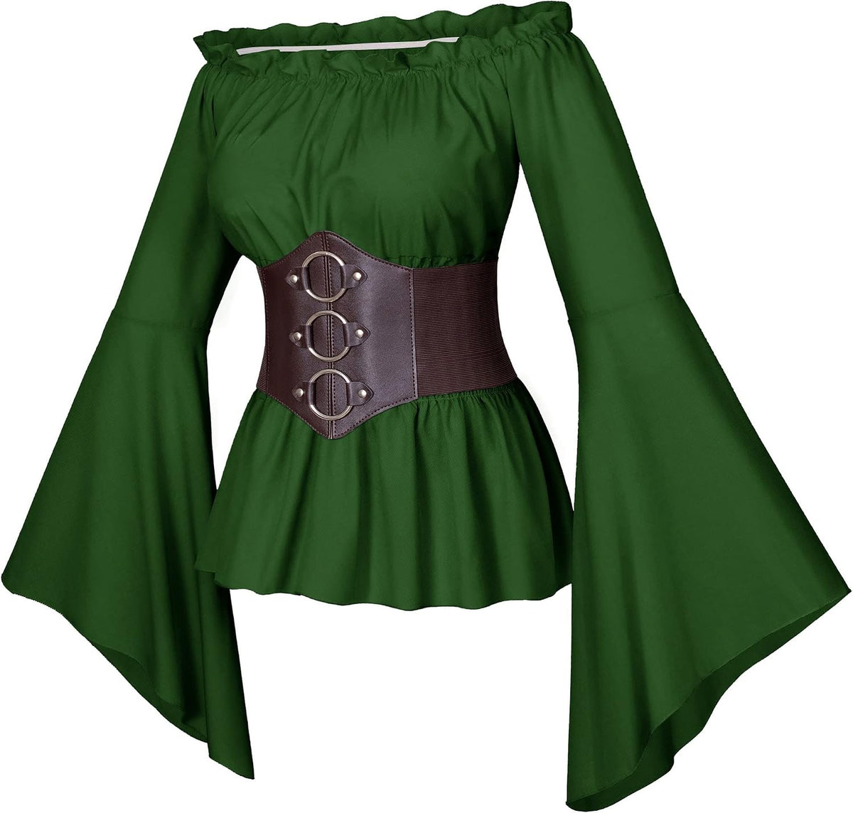 Womens Renaissance Victorian Peasant Ruffle Smocked Waist Boho Pirate Shirt Blouse with Belt Set