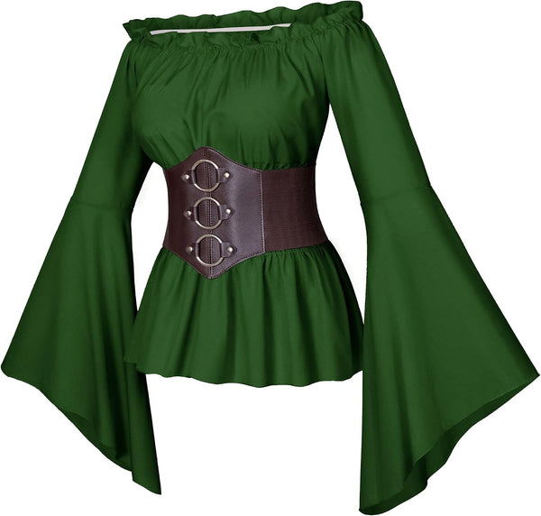 Womens Renaissance Victorian Peasant Ruffle Smocked Waist Boho Pirate Shirt Blouse with Belt Set