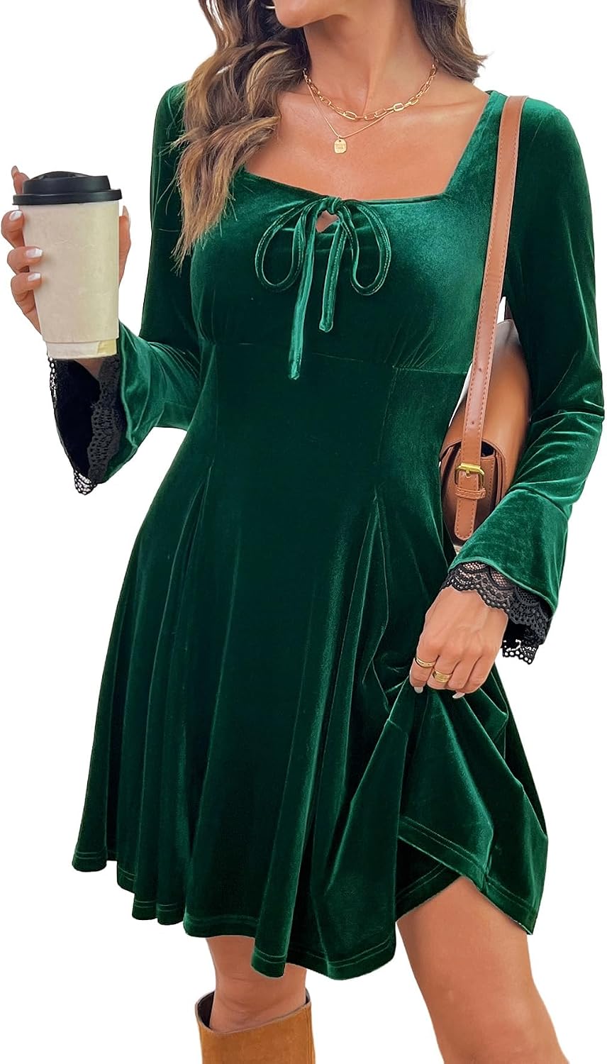 Dokotoo Womens Fall Dresses Lace Long Sleeve Velvet Dress