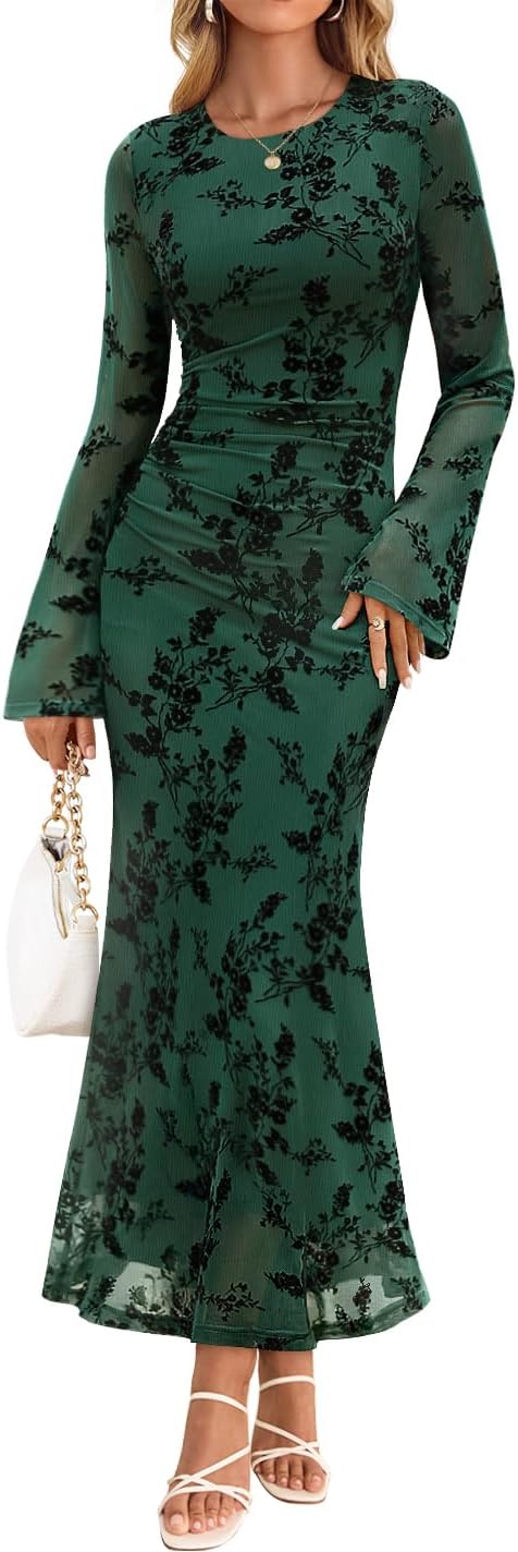 ZESICA Womens Long Sleeve Floral Fall Bodycon Ruched Mesh Maxi Formal Dress