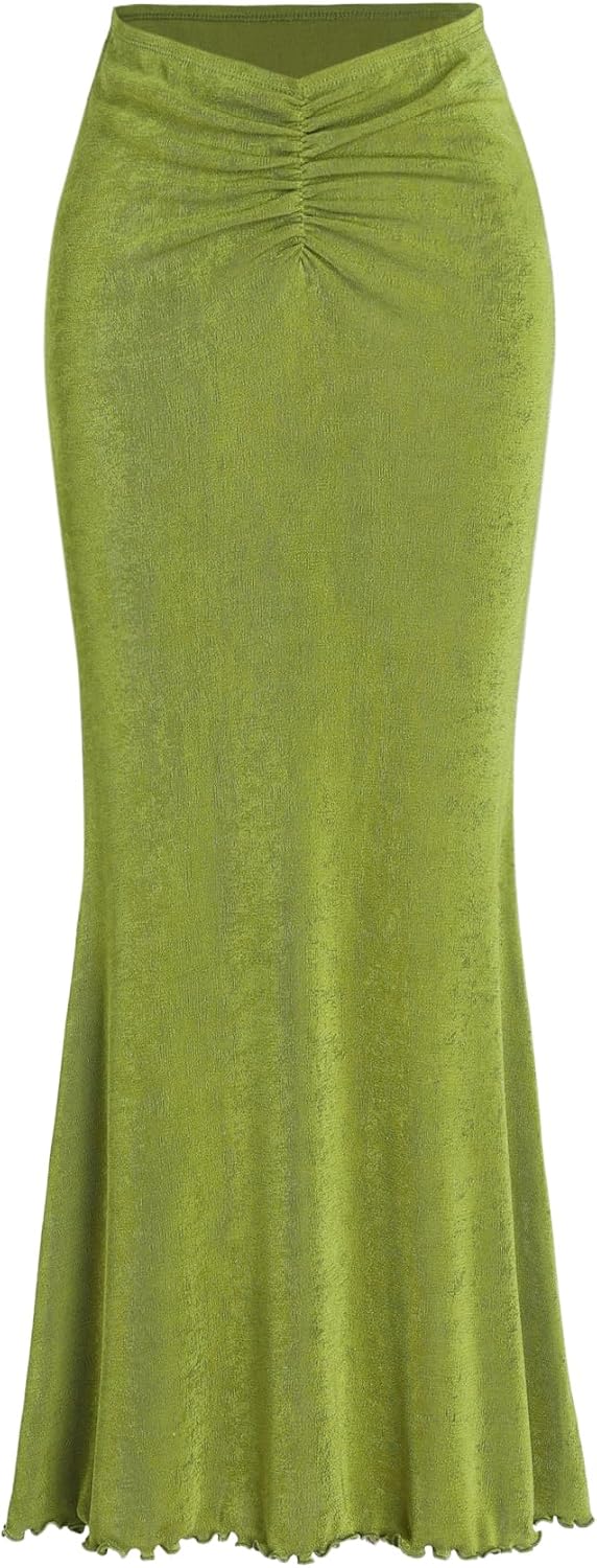 CIDER High Waist Skirts for Women Mermaid Skirt Fishtail Ruched Bodycon Long Maxi Skirt Lettuce Trim Stretchy