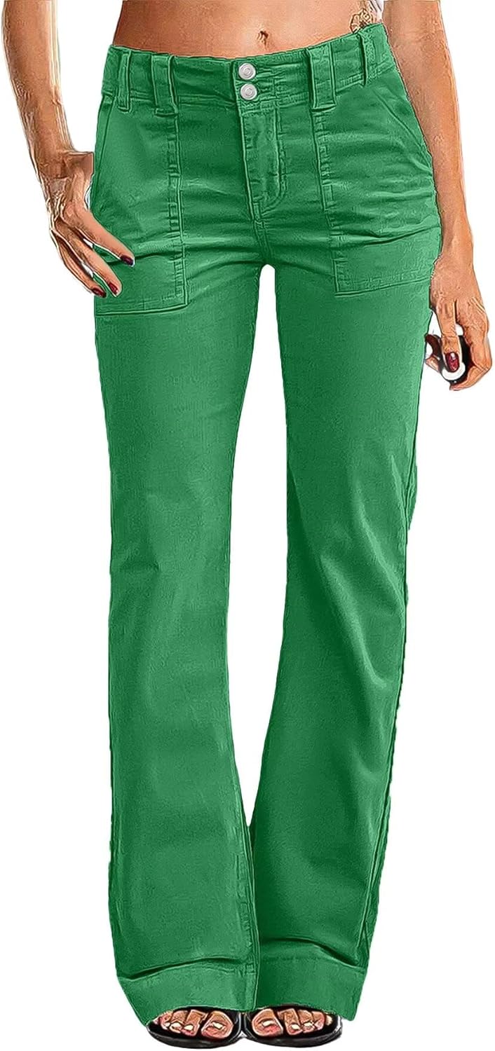 Women Mid Waist Dress Flare Straight Leg Corduroy Pants