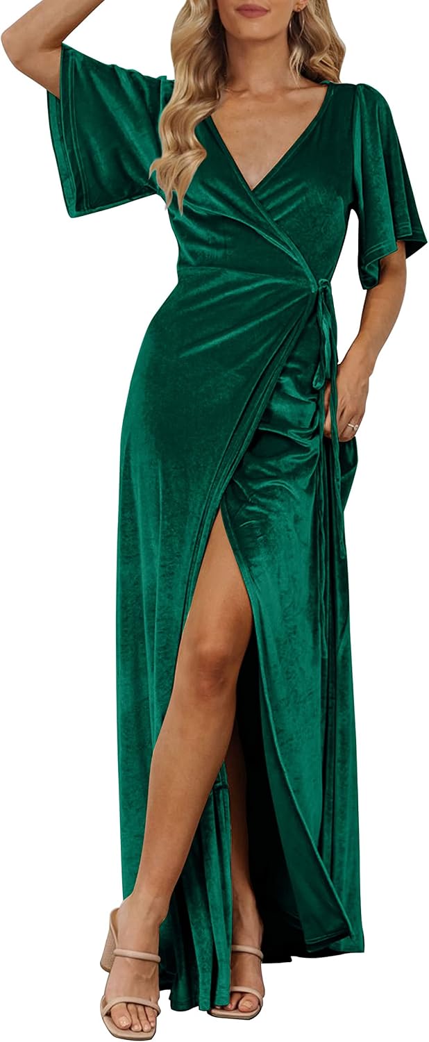 MEROKEETY Women's Wrap V Neck Wedding Guest Cocktail Velvet Maxi Dress