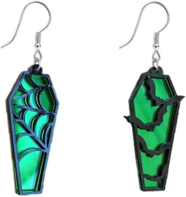 Halloween Coffin Mirror Asymmetric Hook Hoop Earrings Acrylic Bat Spider Web Horror Casket Dangle Drop Earring Punk Jewelry Gifts for Women Bff