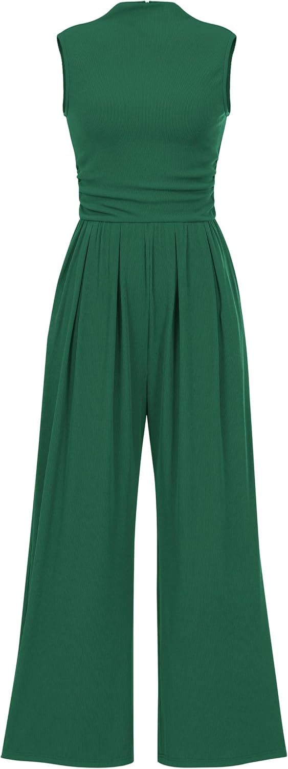 PRETTYGARDEN Women's Summer Dressy Casual Jumpsuits | Cozy Ribbed Fabric, Sleeveless Mock Neck, Back Zipper, Pockets, Wide Leg Pants Rompers, Fashion Clothing, One Piece Outfits