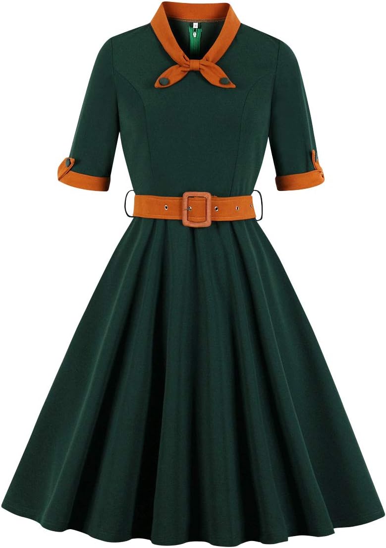 1950s Dresses for Women Vintage Rockabilly Retro Short Sleeve Tie Midi Dress Cocktail Party Evening Prom Gown