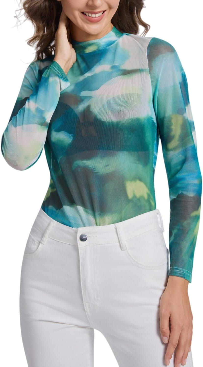 Womens Mesh Long Sleeve Tops Mock Neck Sexy Sheer See Through Tee Shirts Party Club Night Lace Blouse