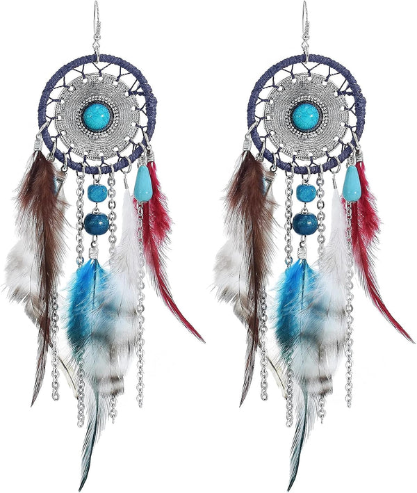 Punk Vintage Long Tassel Feather Beads Drop Wolf Tooth Pendant Earring Fish Hook Earrings Suitable to Wear At All Times