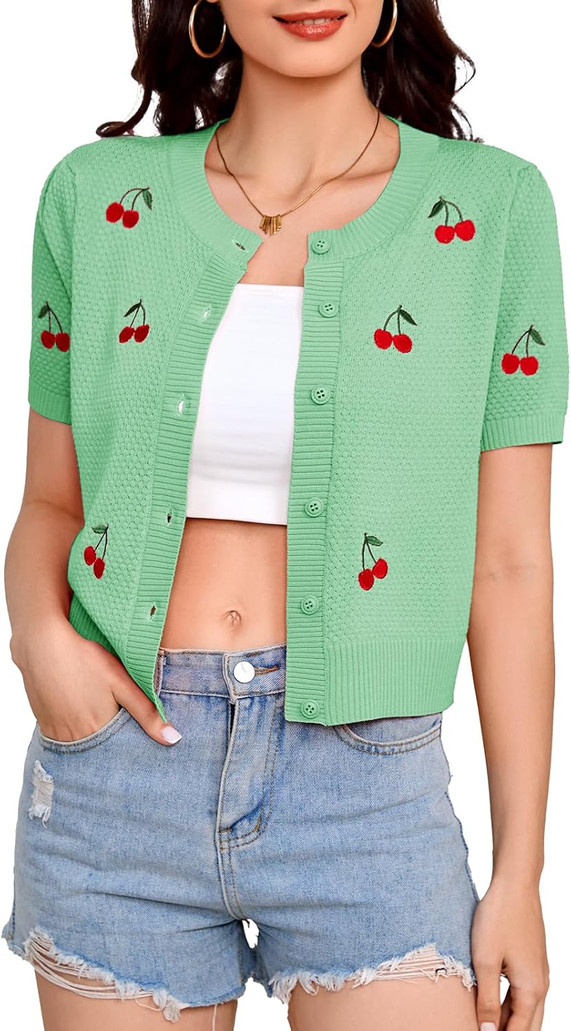 Bbonlinedress Women Cherry Short Sleeve Cardigan Tops Vintage Sweater Shirt