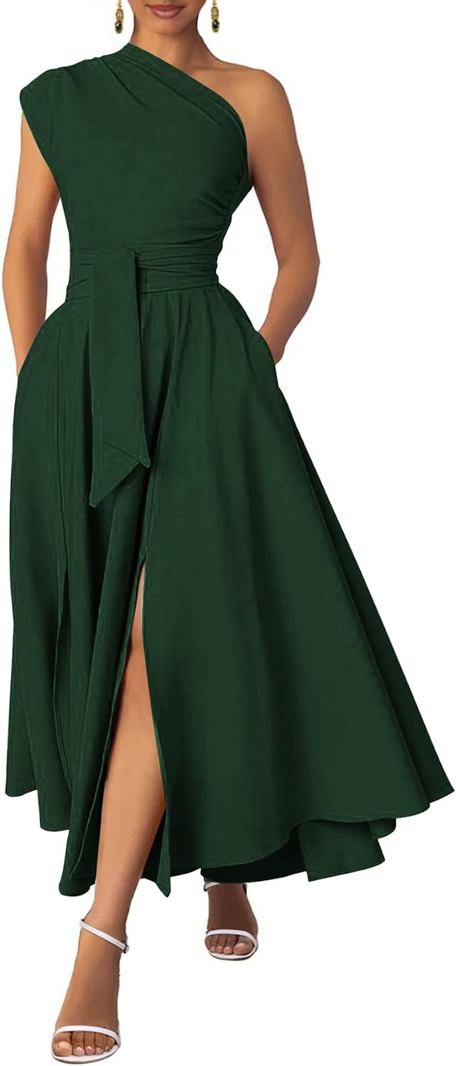 Ekaliy Women's One Shoulder Belted Maxi Dress Formal Wedding Guest Dress