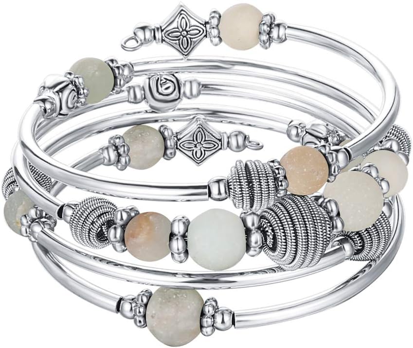 PEARL&CLUB Beaded Chakra Bangle Turquoise Bracelet - Fashion Jewelry Wrap Bracelet with Thick Silver Metal and Mala Beads, Birthday Gifts For Women