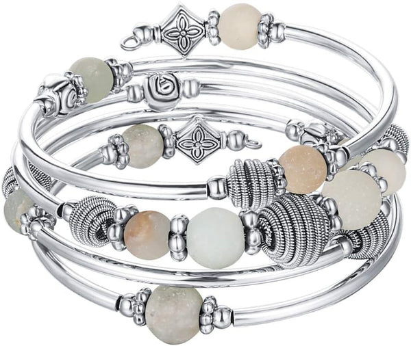 PEARL&CLUB Beaded Chakra Bangle Turquoise Bracelet - Fashion Jewelry Wrap Bracelet with Thick Silver Metal and Mala Beads, Birthday Gifts For Women