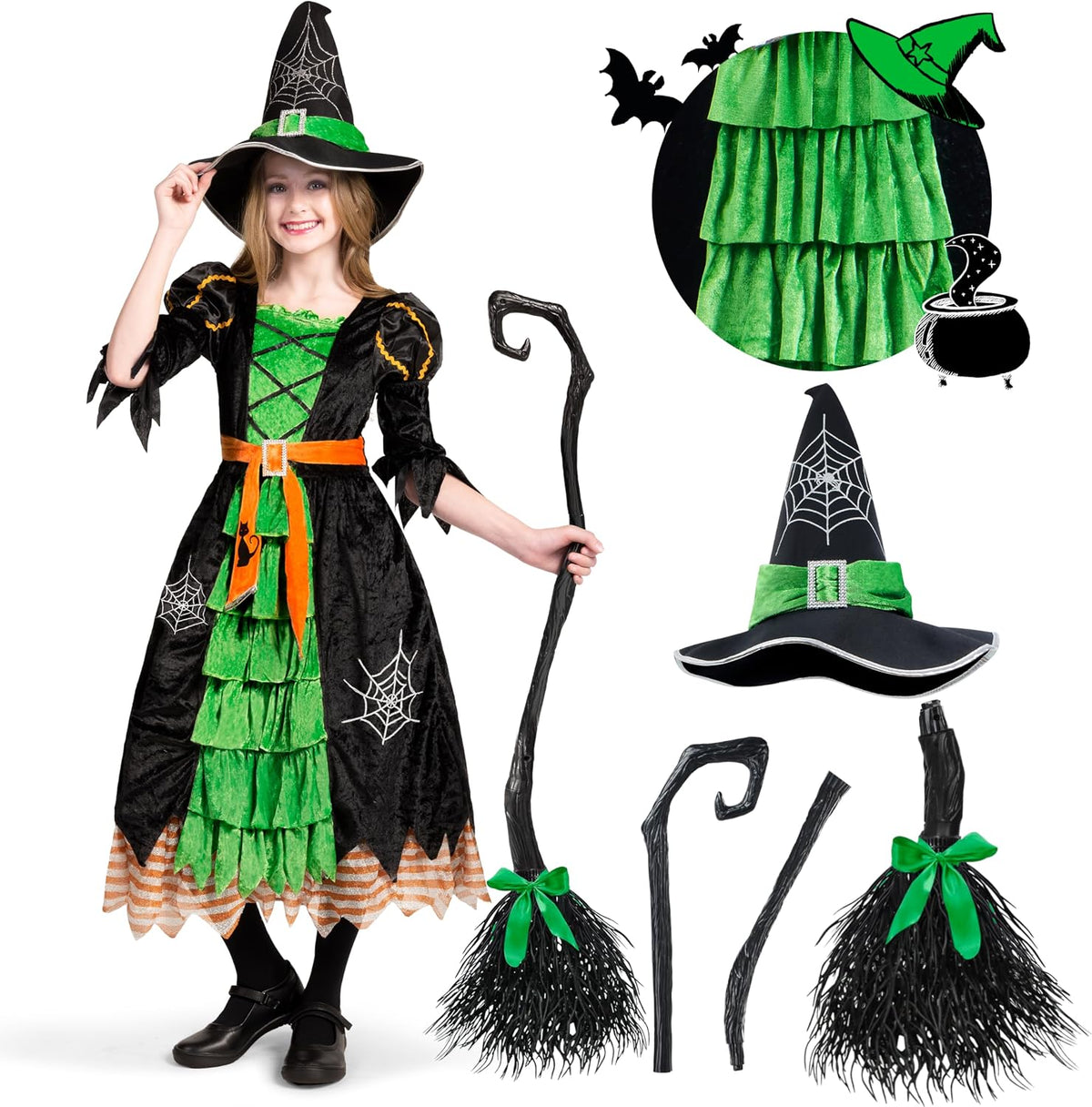 Spooktacular Creations Fairytale Witch Cute Witch Costume Deluxe Set with Broom for Girls