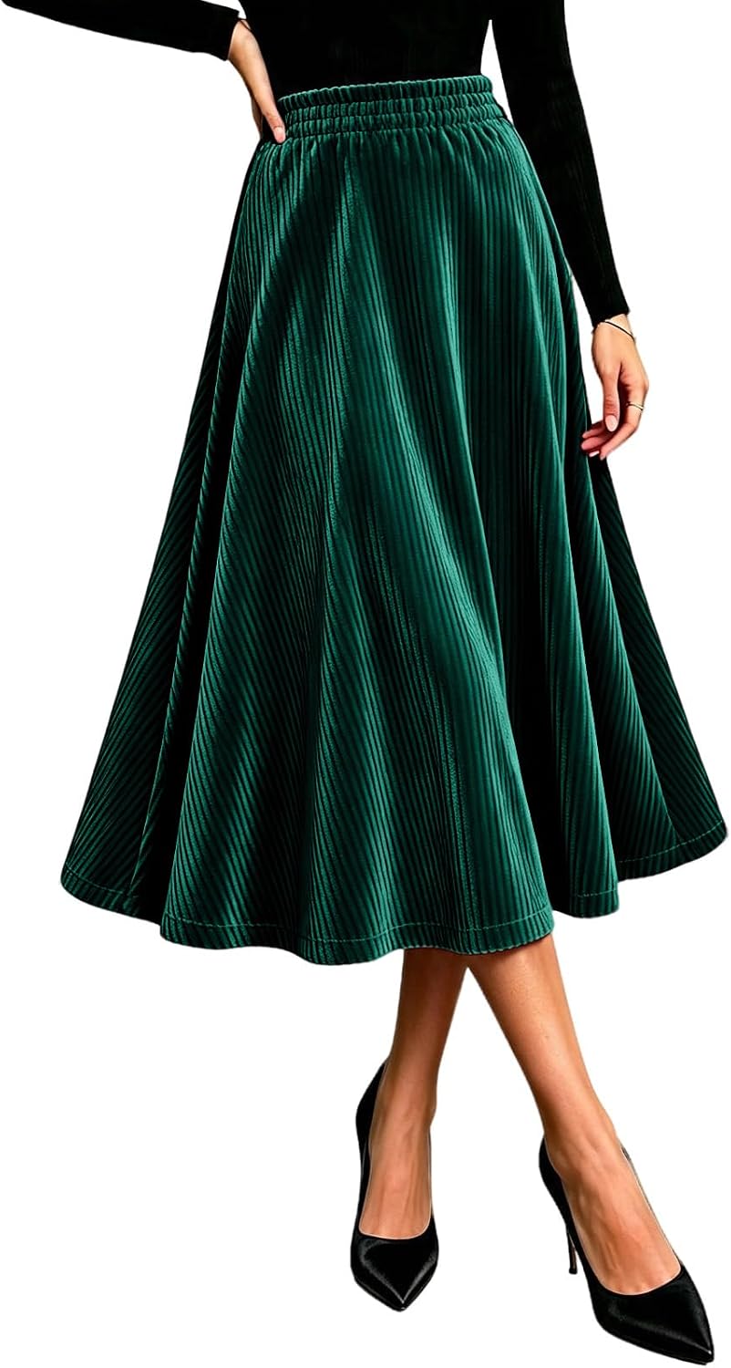 Women Velvet Midi Skirt Elastic A-Line Swing Skirts Christmas Wedding Formal Holiday Wear Fall Winter Outfits