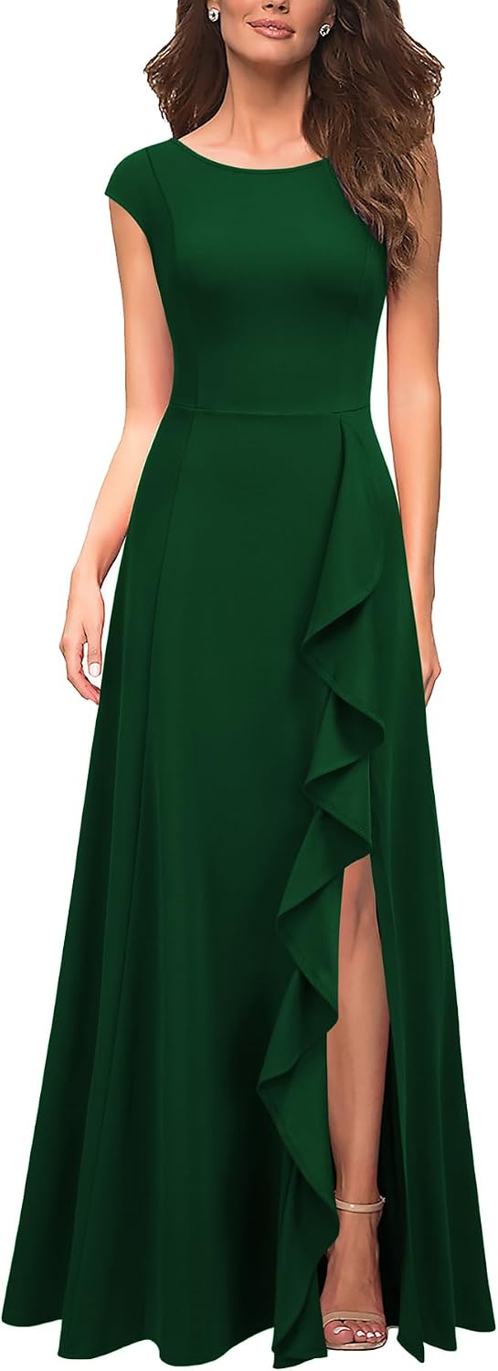 MUSHARE Women's Cocktail Dresses with Pockets Ruffled Sexy Split Party Long Formal Dress