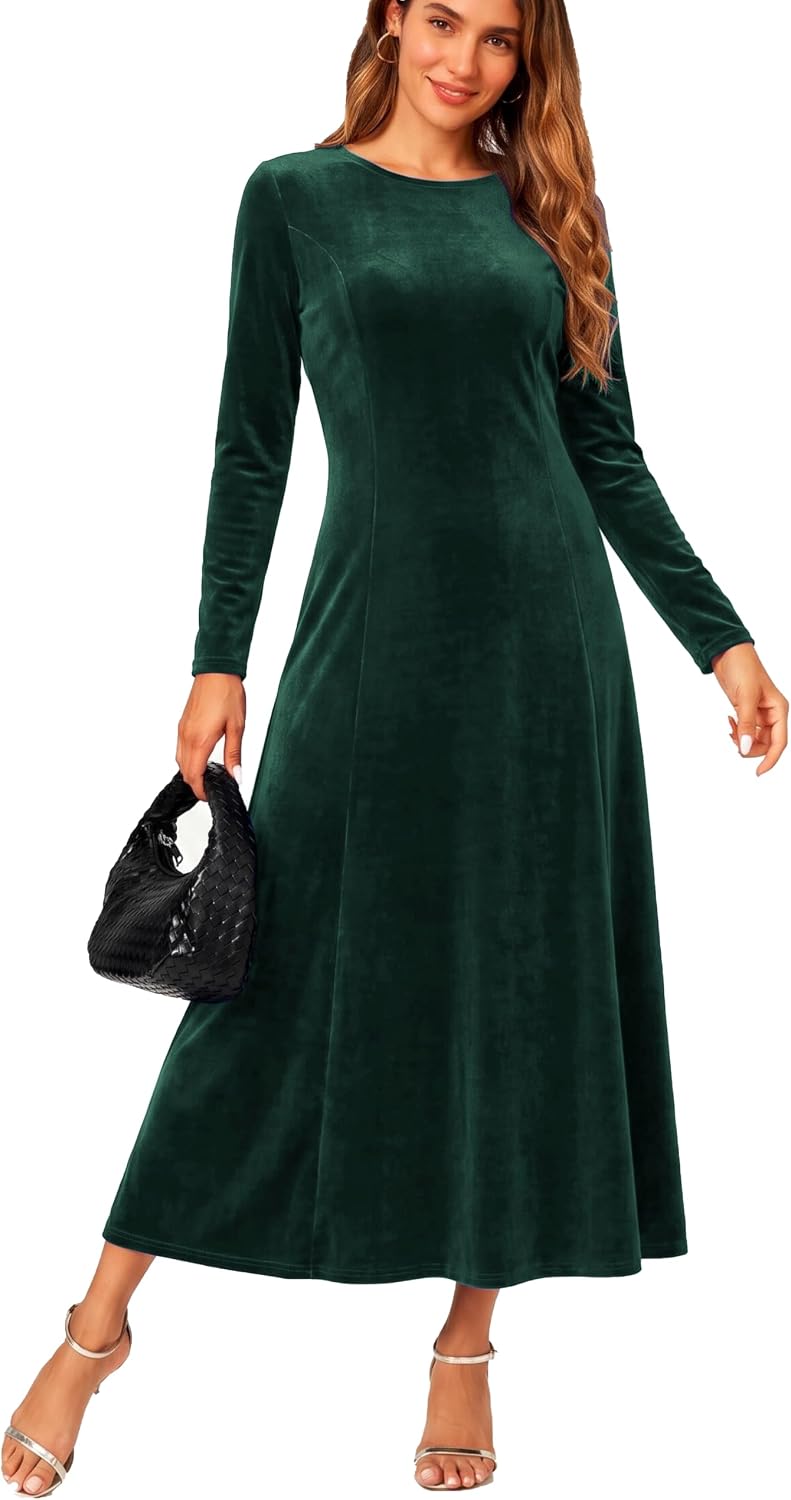 Urban CoCo Women's Elegant Velvet Midi Dress Scoop Neck Long Sleeve Ruched