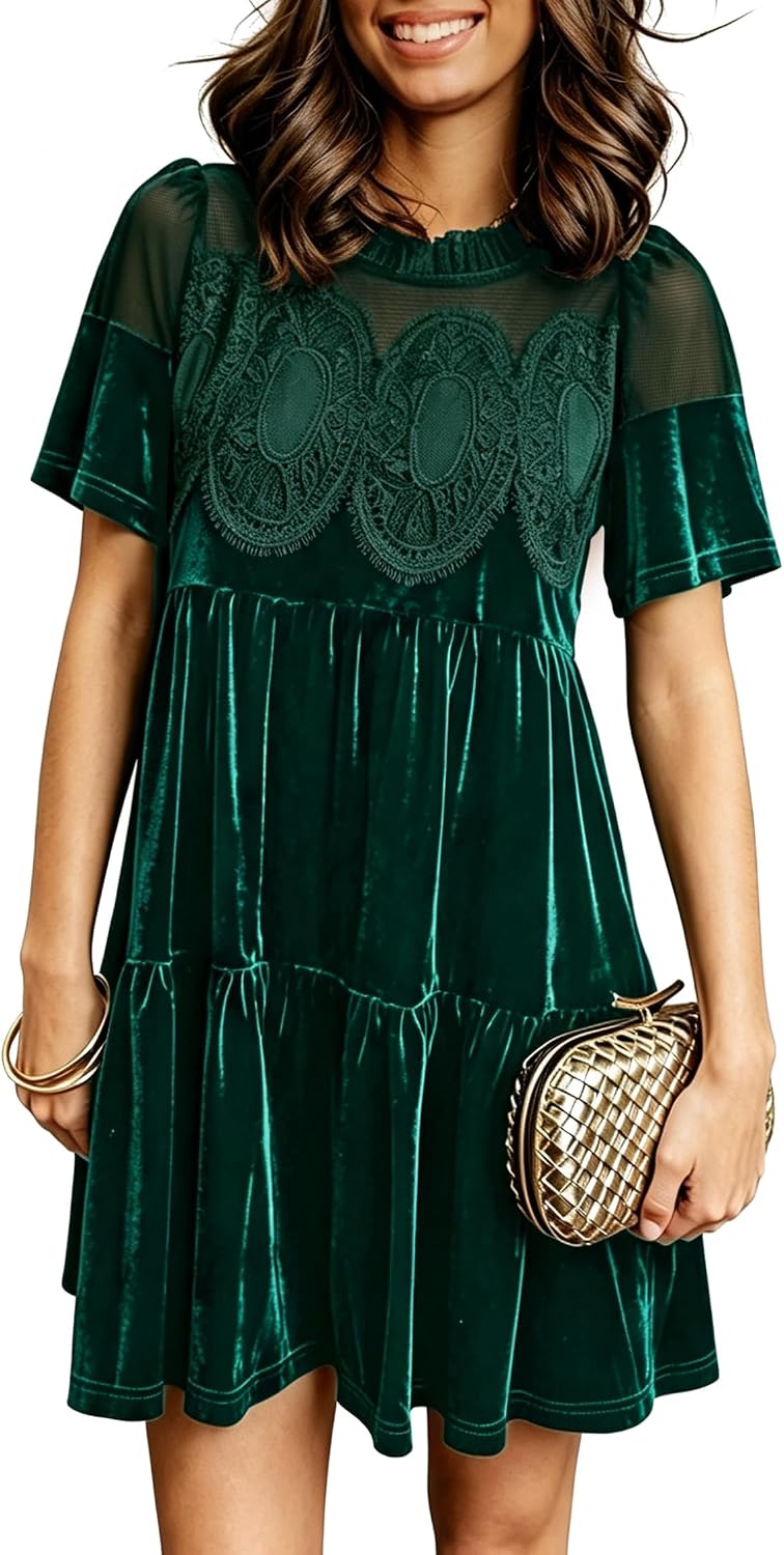 miduo Womens Scallop Neck Short Sleeve Velvet Lace Mini Babydoll Dress