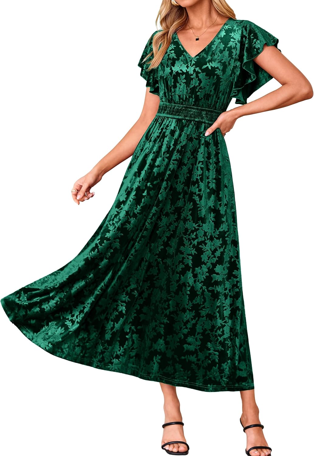 BerryGo Women's Fall Velvet Floral Maxi Wedding Guest Dress