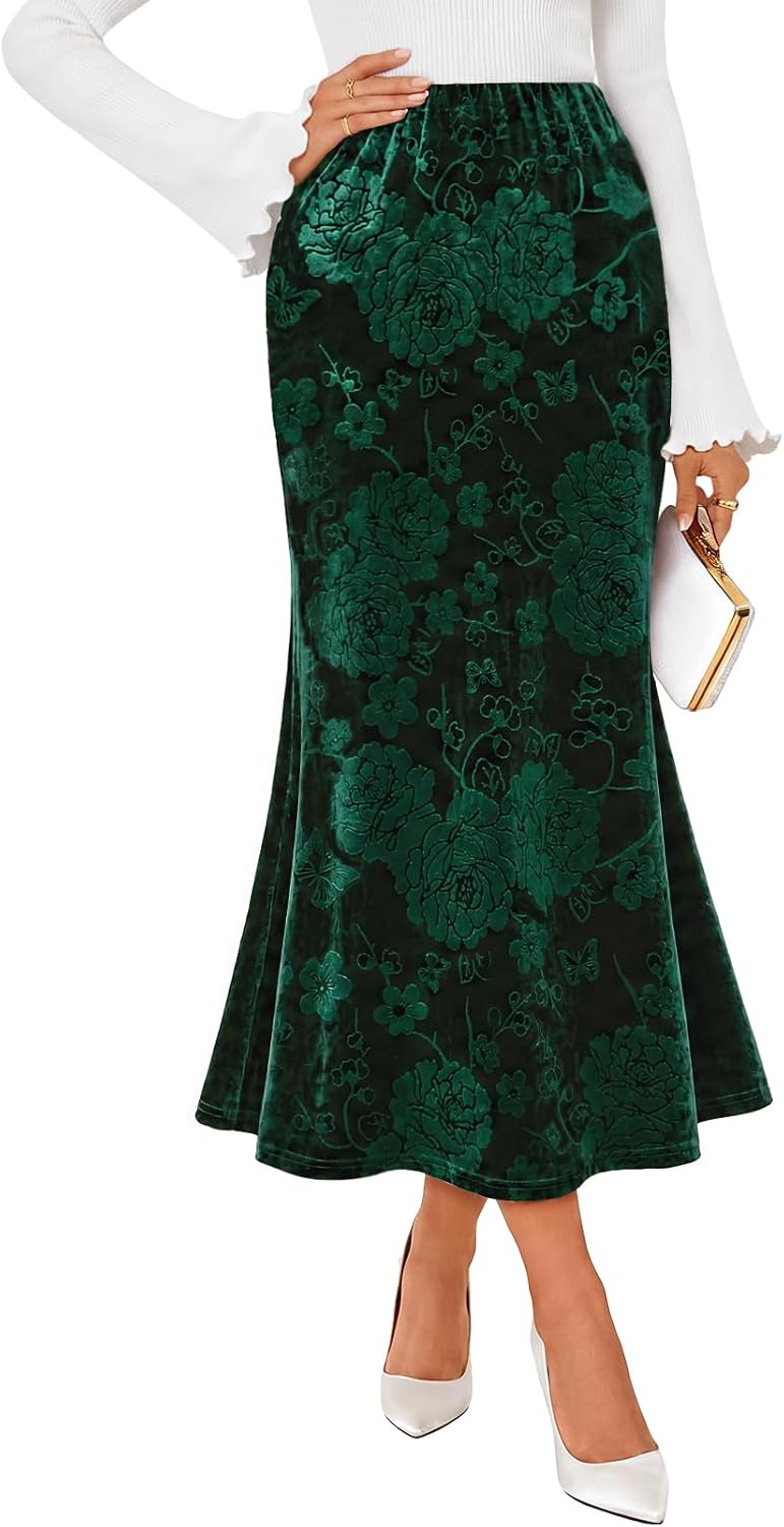 MEROKEETY Women's Fall Floral Velvet Maxi Skirt