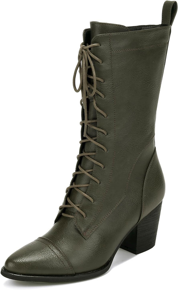 UTIKLIOU Women's Mid Calf Boots Lace up Combat Boots Leather Side Zipper Winter Boots Faux Fur Lining