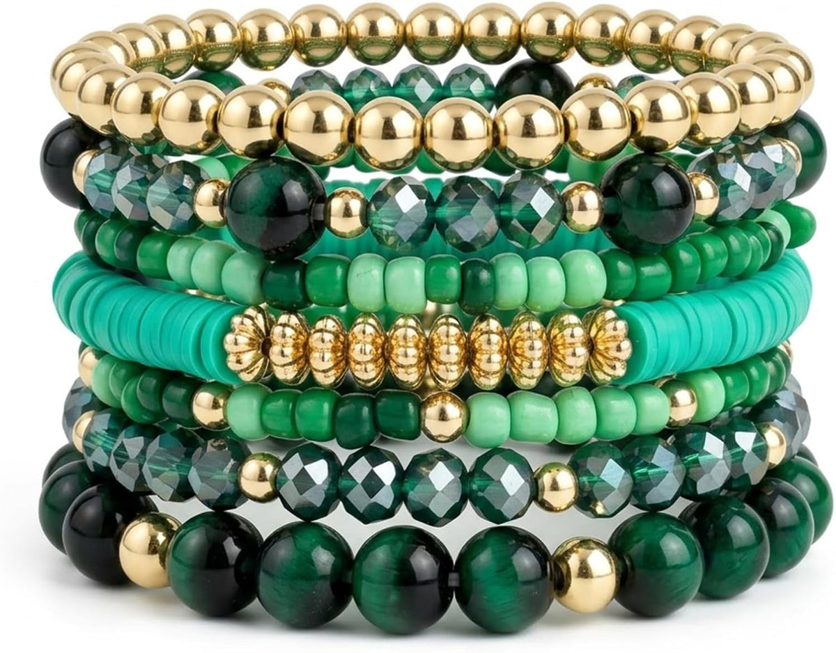 Bohemian Stackable Beaded Bracelets for Women, Multilayer Stretch Bead Bracelet Set, Vintage Boho Stacking Bracelets, Bohemian Jewelry Gifts for Women (Black)