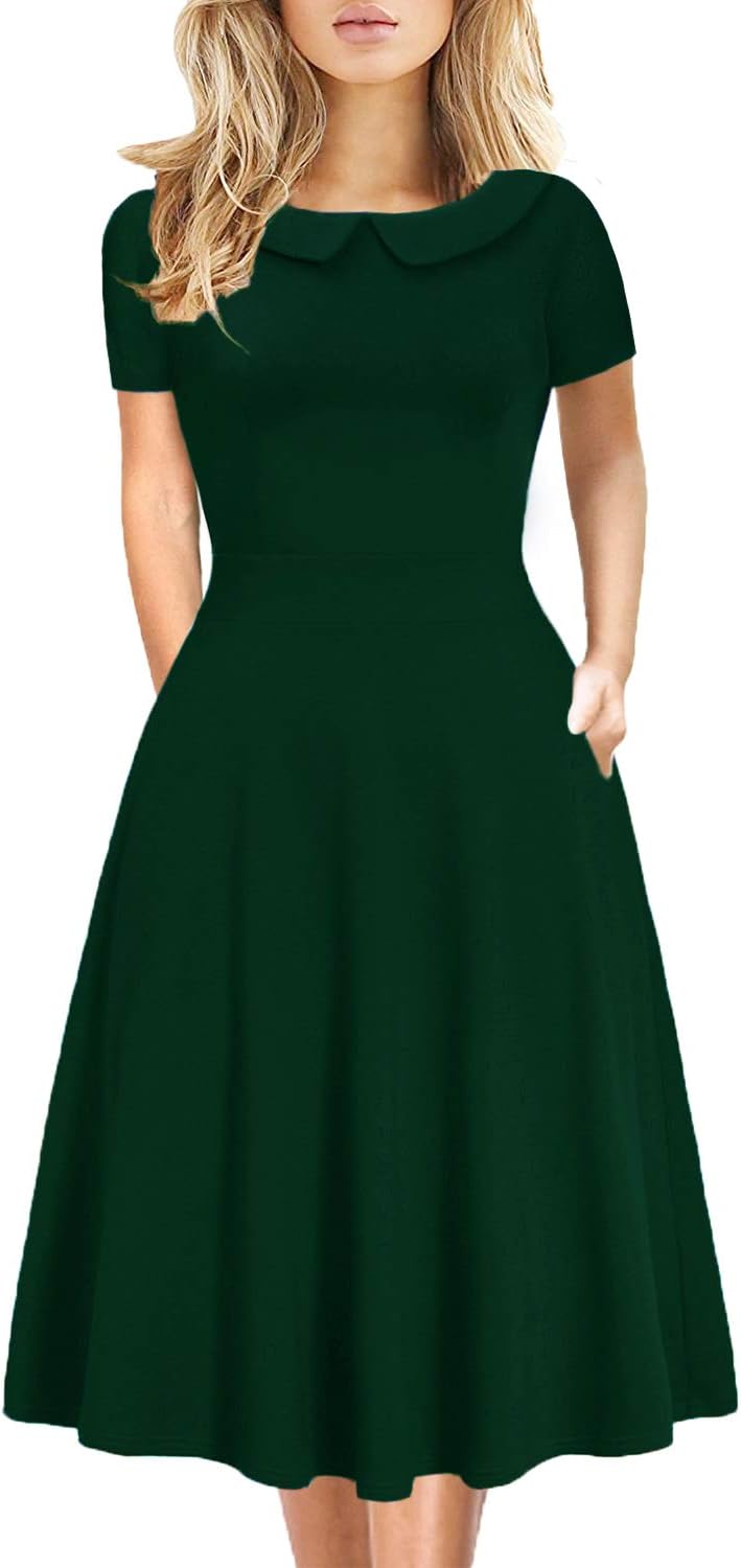 Women's Elegant Vintage Dresses Knee Length Casual Floral Print Work Party Peter Pan Collar A-Line Dress with Pockets 978